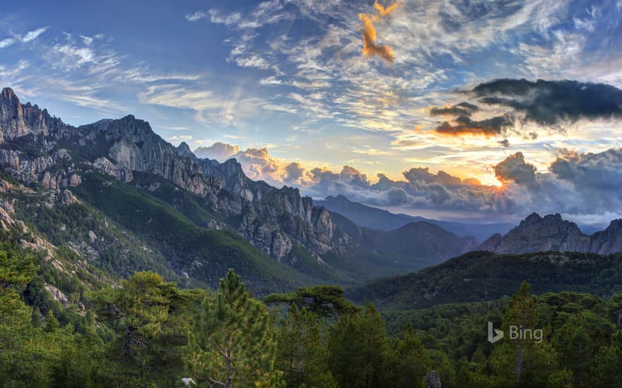 Sunrise over the needles of Bavella, Corsica, France