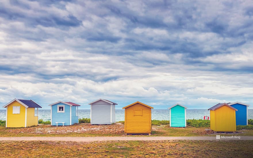 Bathing huts on the beach in Skåne County, Sweden