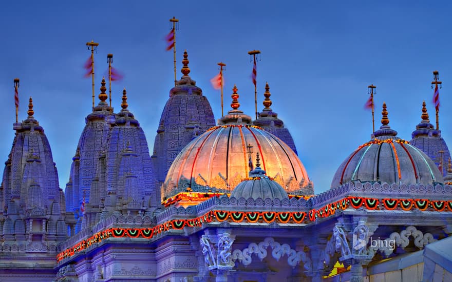 BAPS Shri Swaminarayan Mandir (Neasden Temple) decorated for Diwali, London, England