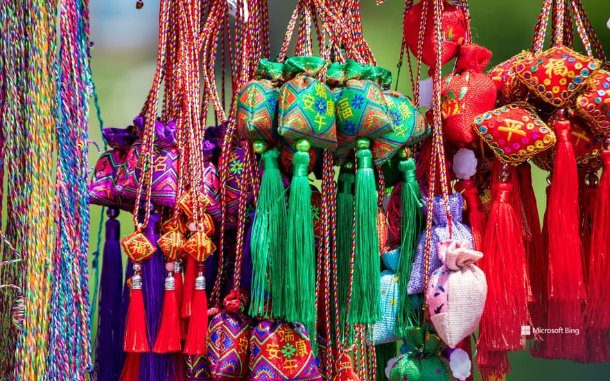 Scented sachets made of colorful silk threads, at a temple fair on the eve of the Dragon Boat Festival, Jilin City, Jilin Province, China