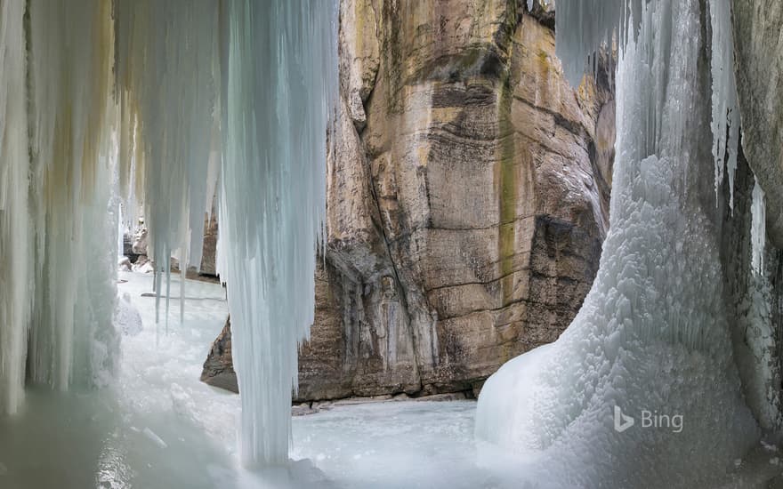 Majestic view of a frozen waterfall at Maligne Canyon, Jasper, Alta.