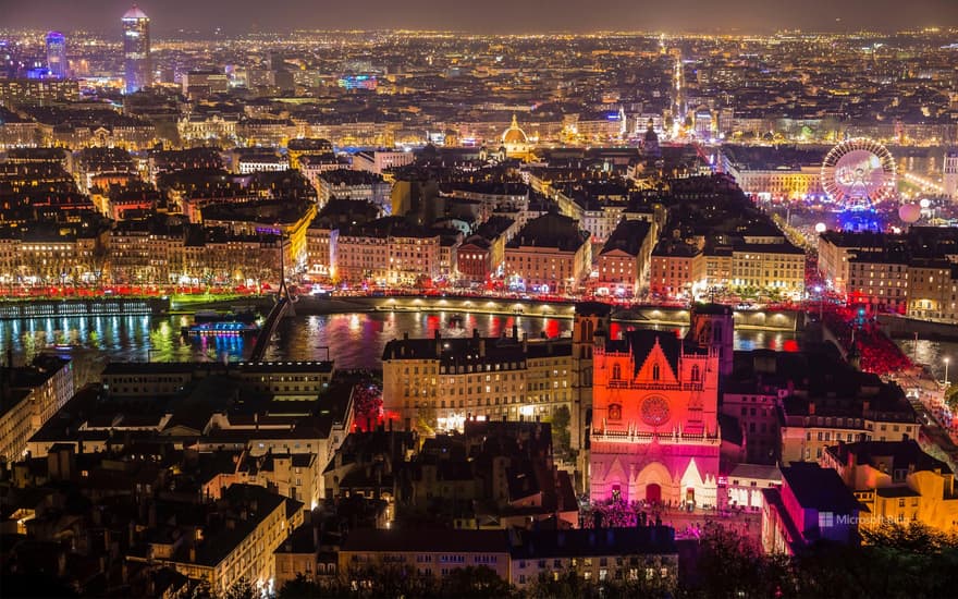 Old Lyon and Saint-Jean Cathedral illuminated for the Festival of Lights