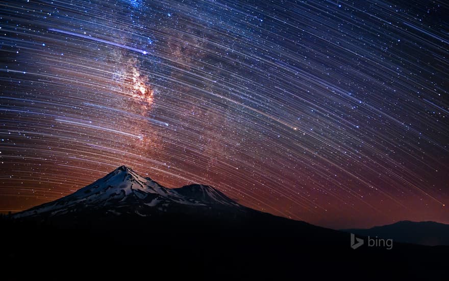 Star trails over Mount Shasta in California