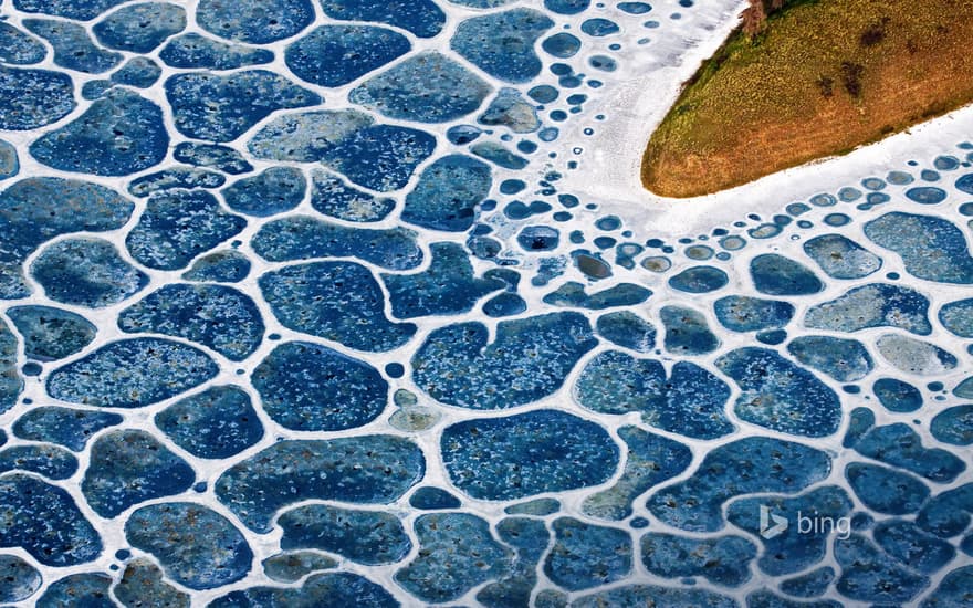 Aerial over unknown lake in the Cariboo region of British Columbia, Canada