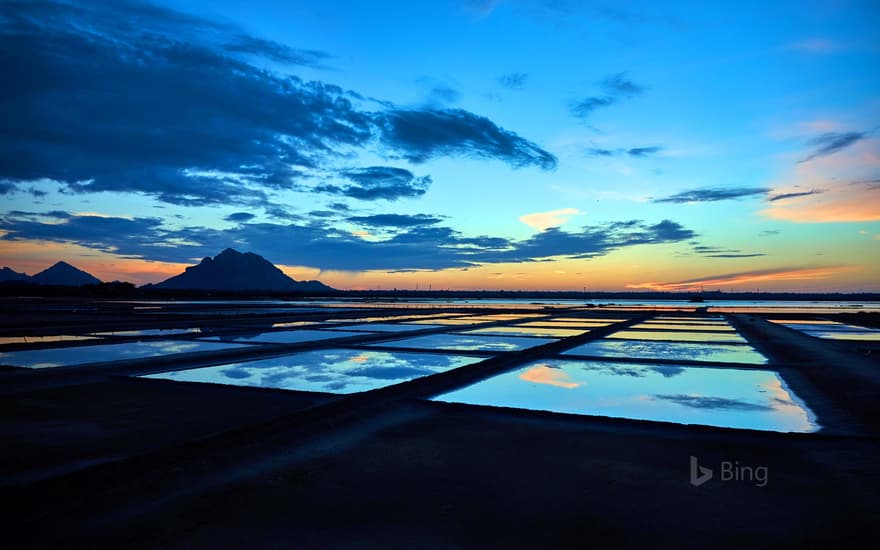 Sunset over salt pans in Tamil Nadu, India